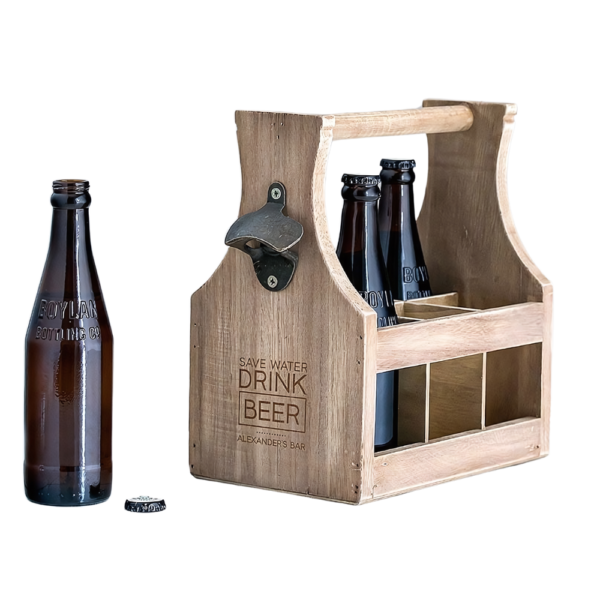 Wood Beer Bottle Caddy with Opener