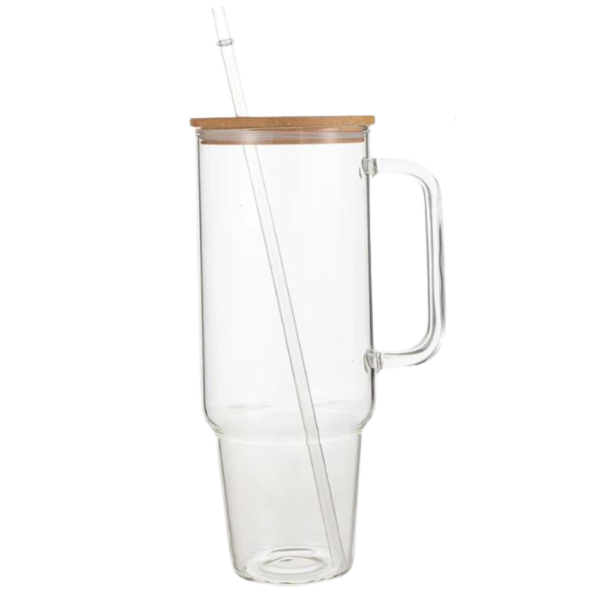 40oz. Glass Tumbler with Handle, Bamboo Lid and Straw